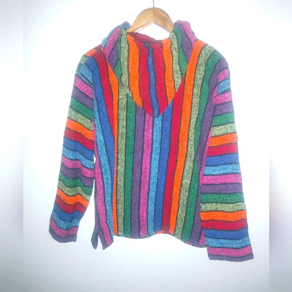 Franks M Bright Candy Striped Serape Hoodie Pullover Top